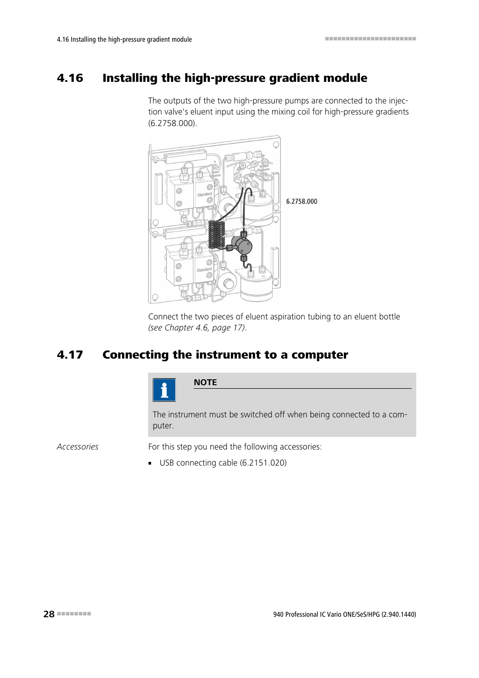 16 installing the high-pressure gradient module, 17 connecting the instrument to a computer | Metrohm 940 Professional IC Vario ONE/SeS/HPG User Manual | Page 36 / 51