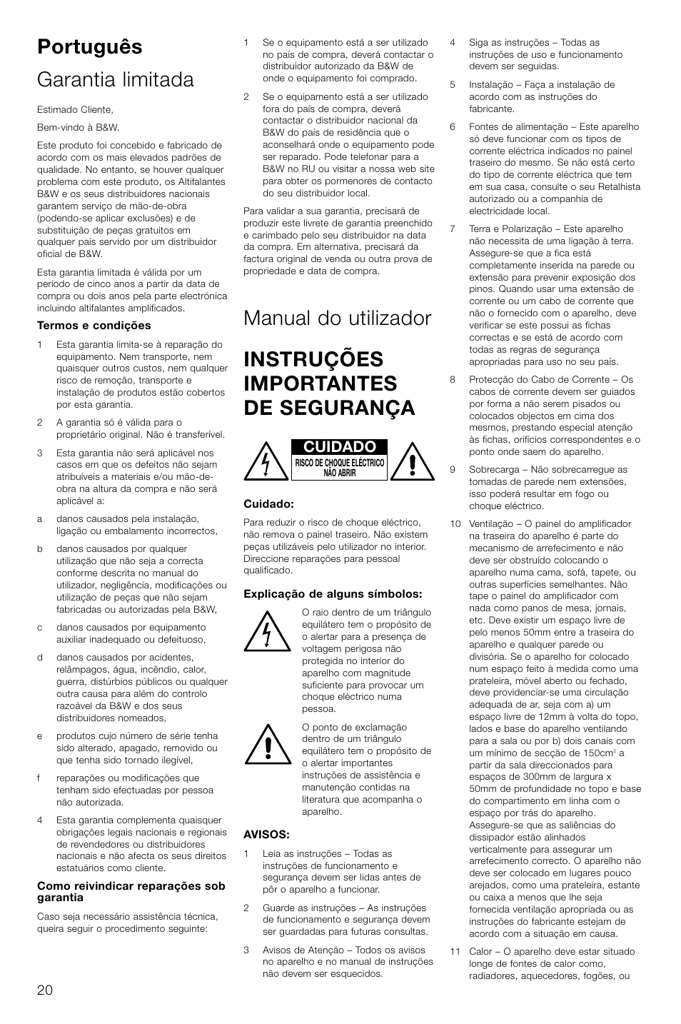 Português garantia limitada, Cuidado | Bowers & Wilkins ASW CDM User Manual | Page 23 / 60