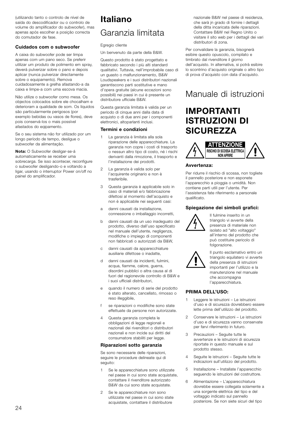 Italiano garanzia limitata, Attenzione | Bowers & Wilkins ASW CDM User Manual | Page 27 / 60