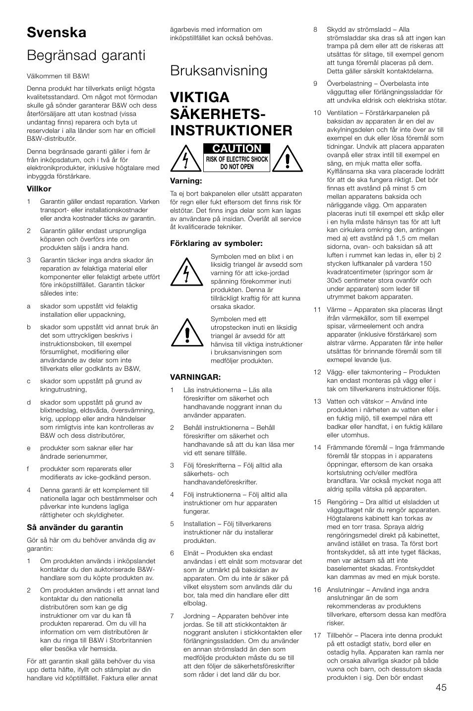 Svenska begränsad garanti, Bruksanvisning viktiga säkerhets- instruktioner, Caution | Bowers & Wilkins ASW CDM User Manual | Page 48 / 60