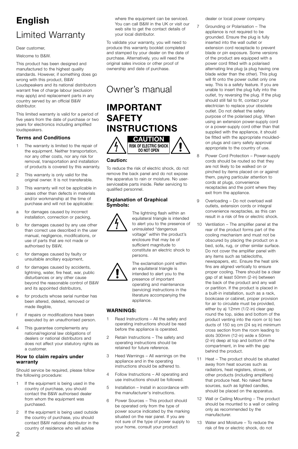 English limited warranty, Owner’s manual important safety instructions, Caution | Bowers & Wilkins ASW CDM User Manual | Page 5 / 60