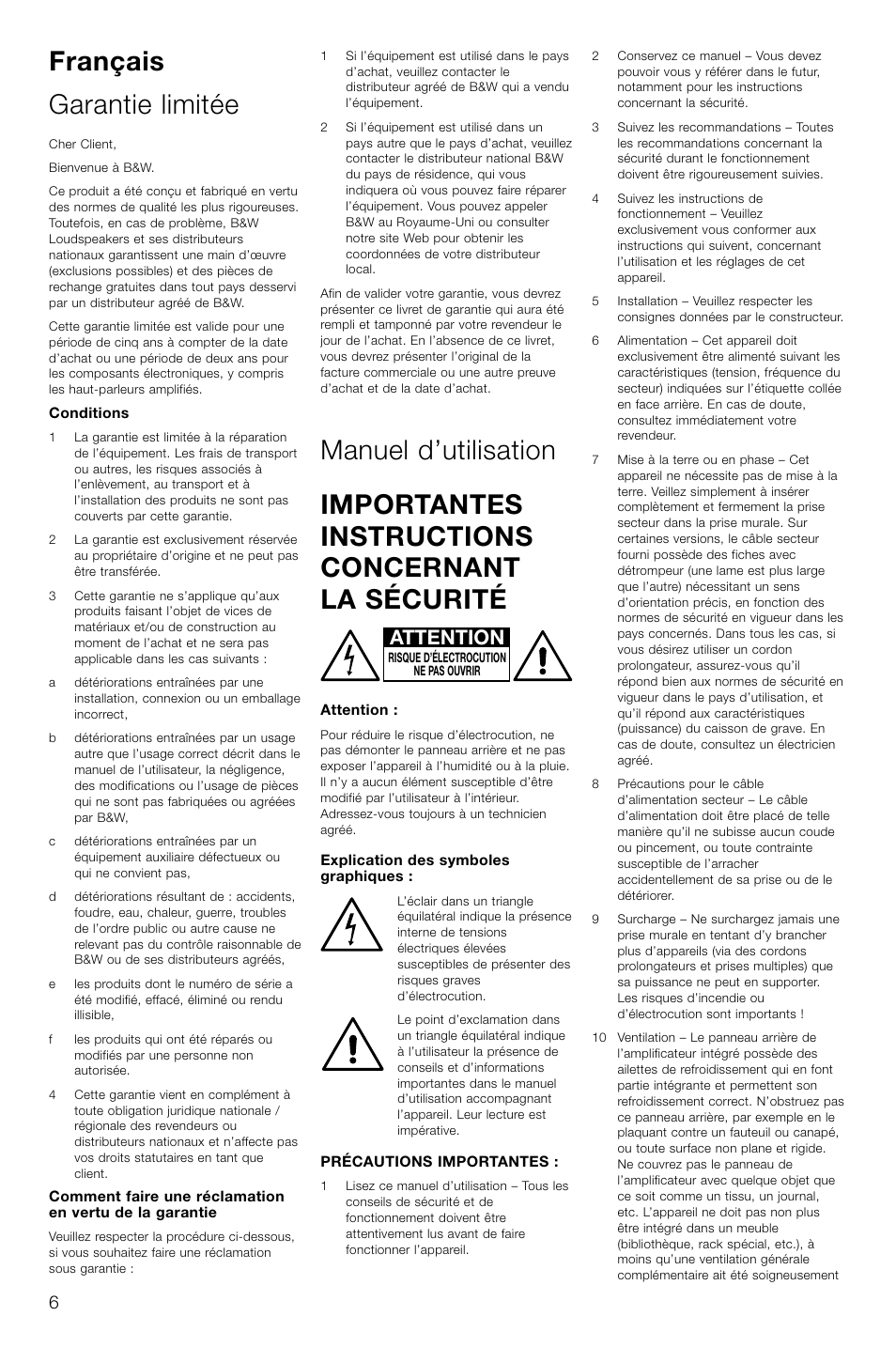 Français garantie limitée, Attention | Bowers & Wilkins ASW CDM User Manual | Page 9 / 60