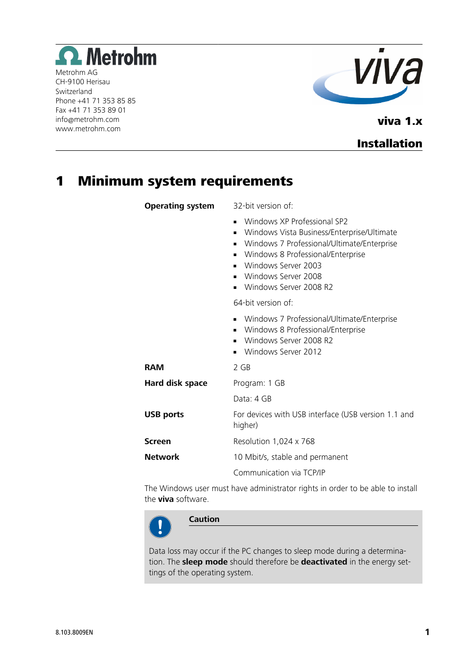 Metrohm viva 1.0 Installation User Manual | 15 pages