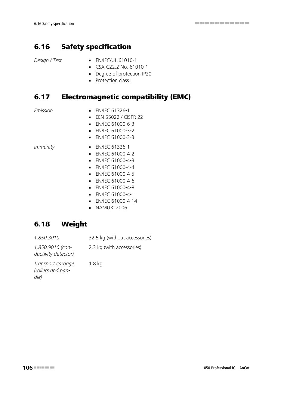 16 safety specification, 17 electromagnetic compatibility (emc), 18 weight | Metrohm 850 Professional IC AnCat User Manual | Page 116 / 136