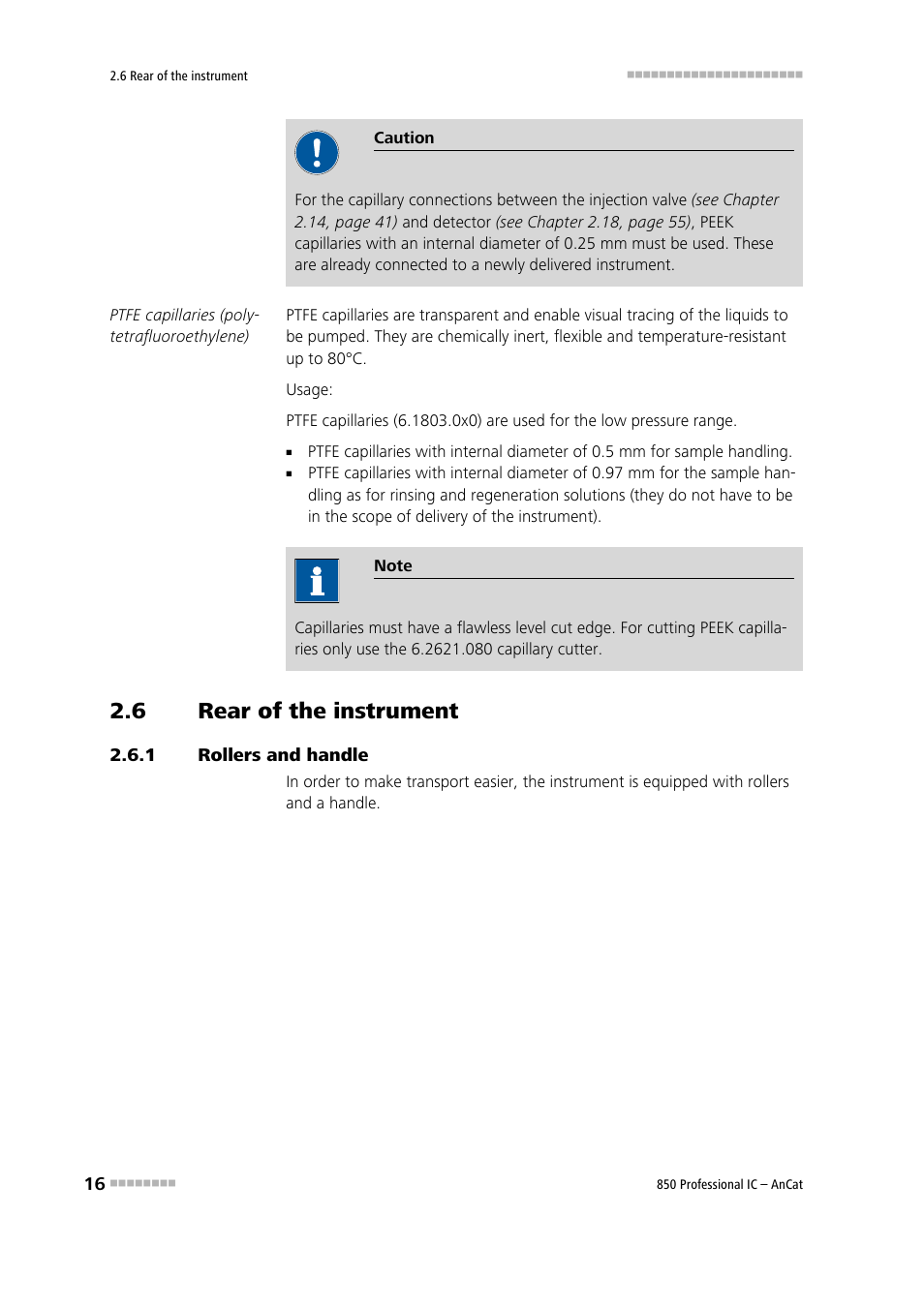 6 rear of the instrument, 1 rollers and handle, Rear of the instrument | Rollers and handle | Metrohm 850 Professional IC AnCat User Manual | Page 26 / 136
