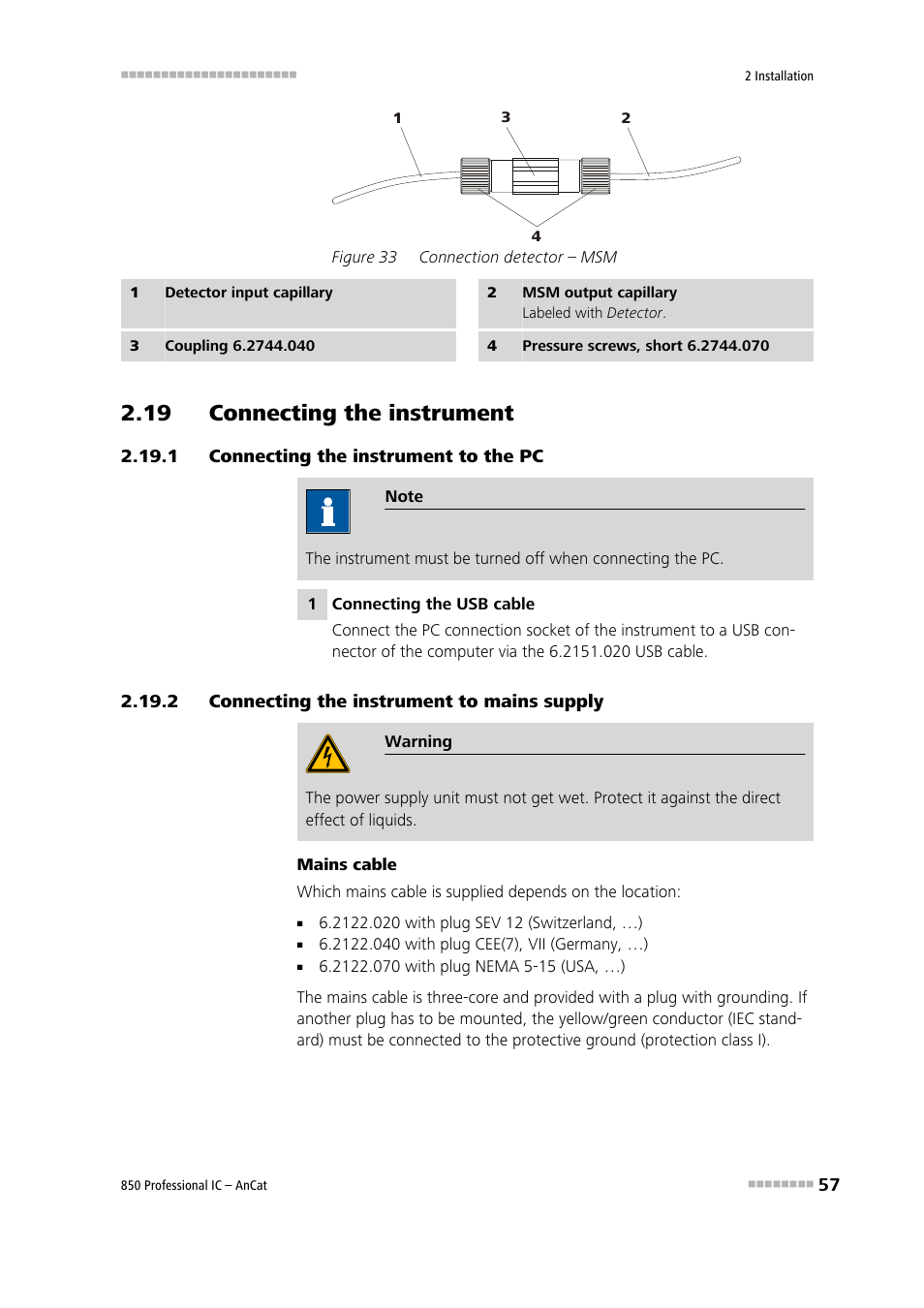 19 connecting the instrument, 1 connecting the instrument to the pc, 2 connecting the instrument to mains supply | Connecting the instrument to the pc, Connecting the instrument to mains supply, Figure 33, Connection detector – msm, The msm (33-2) marked with, Screws (33-4) | Metrohm 850 Professional IC AnCat User Manual | Page 67 / 136