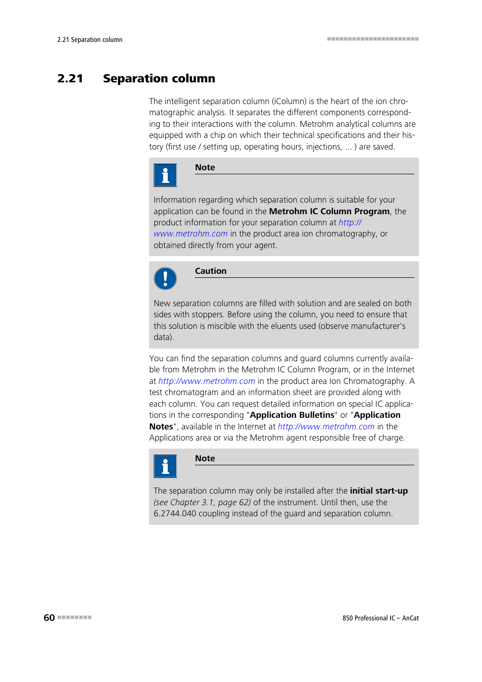 21 separation column, See chapter 2.21 | Metrohm 850 Professional IC AnCat User Manual | Page 70 / 136