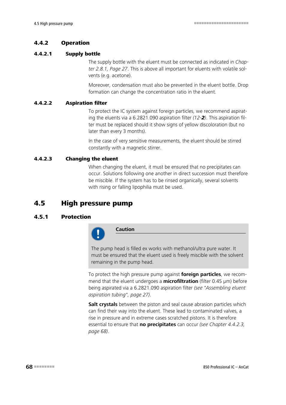 2 operation, 1 supply bottle, 2 aspiration filter | 3 changing the eluent, 5 high pressure pump, 1 protection, Operation, High pressure pump, Protection | Metrohm 850 Professional IC AnCat User Manual | Page 78 / 136