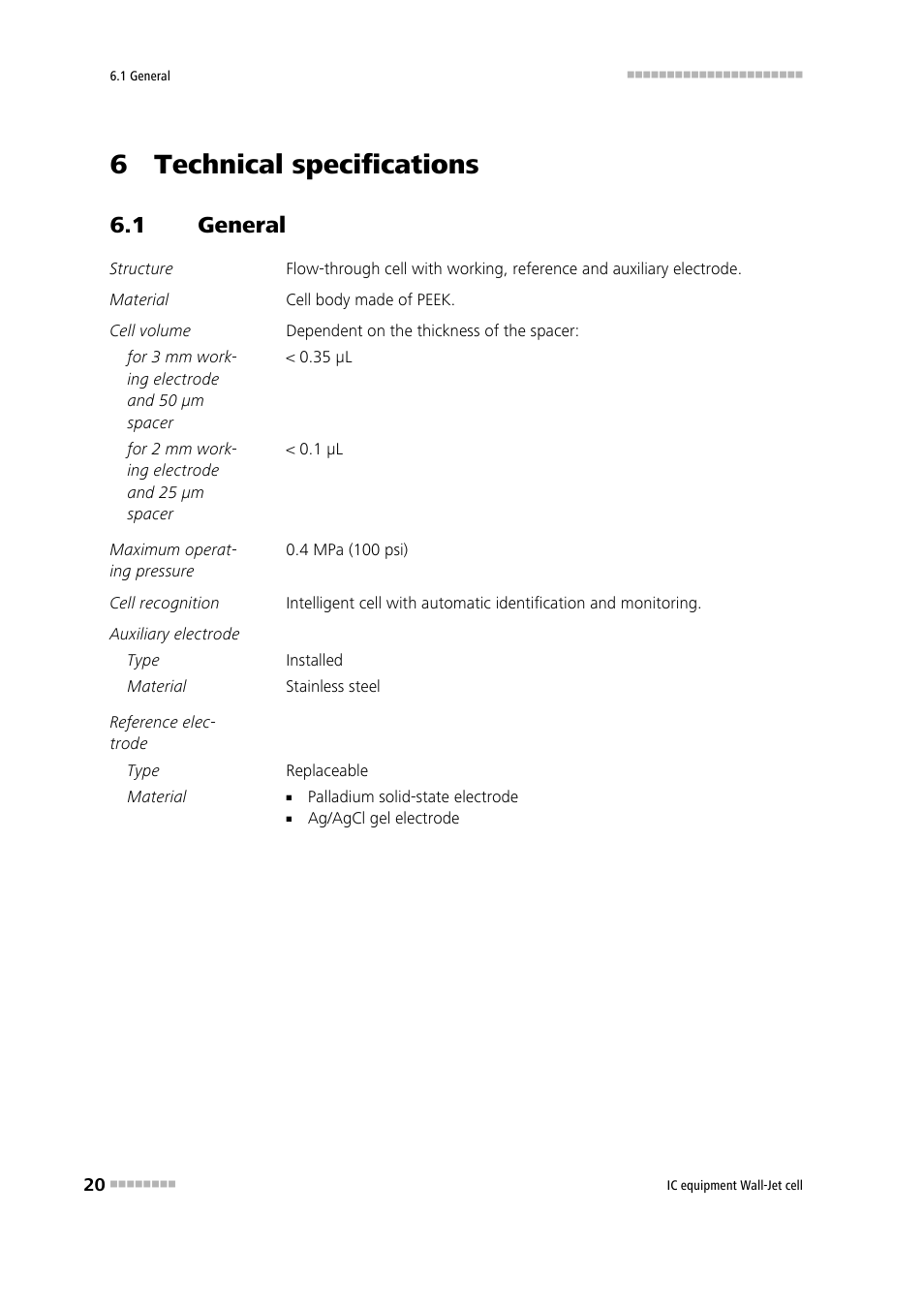 6 technical specifications, 1 general, General | Metrohm Wall-Jet-Cell User Manual | Page 26 / 31