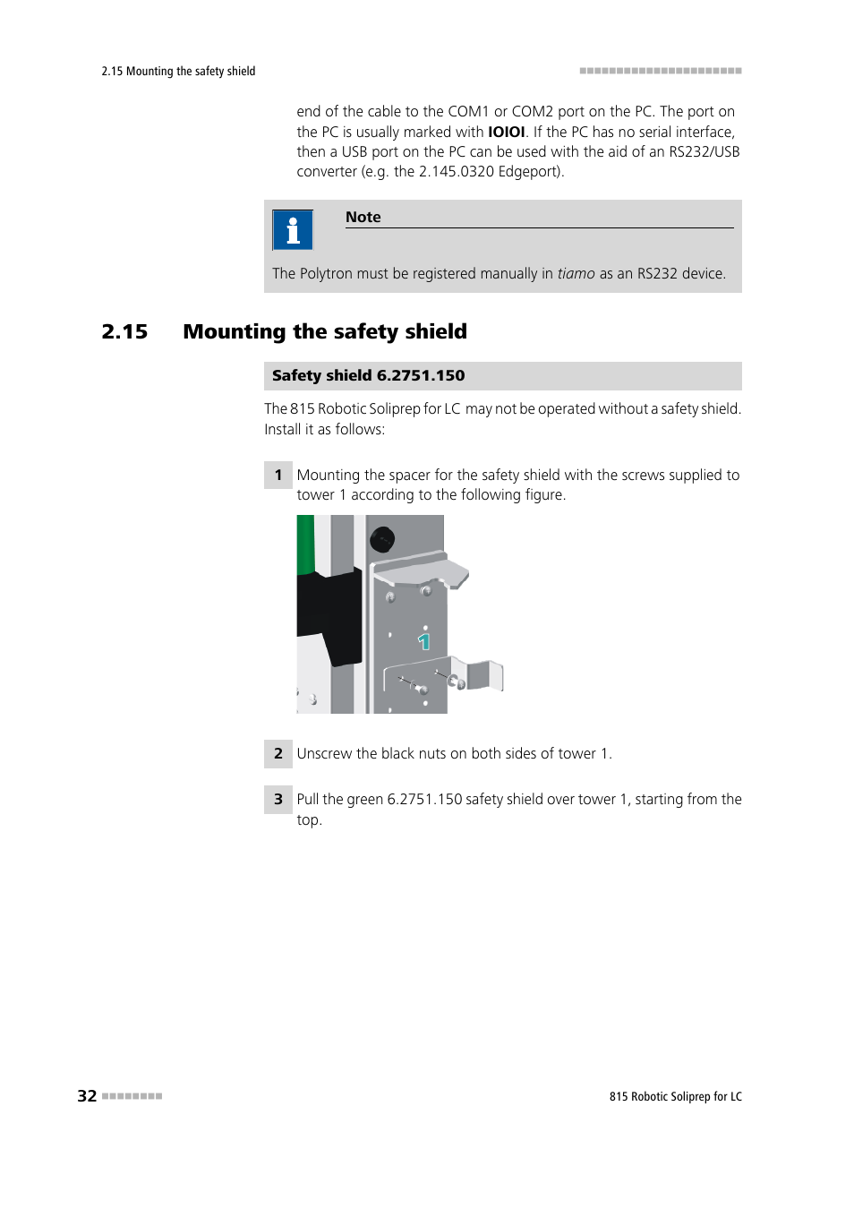 15 mounting the safety shield | Metrohm 815 Robotic Soliprep for LC User Manual | Page 38 / 76