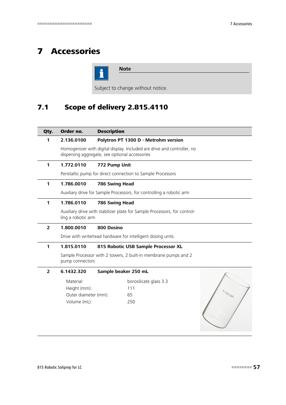 7 accessories, 1 scope of delivery 2.815.4110, Scope of delivery 2.815.4110 | Metrohm 815 Robotic Soliprep for LC User Manual | Page 63 / 76