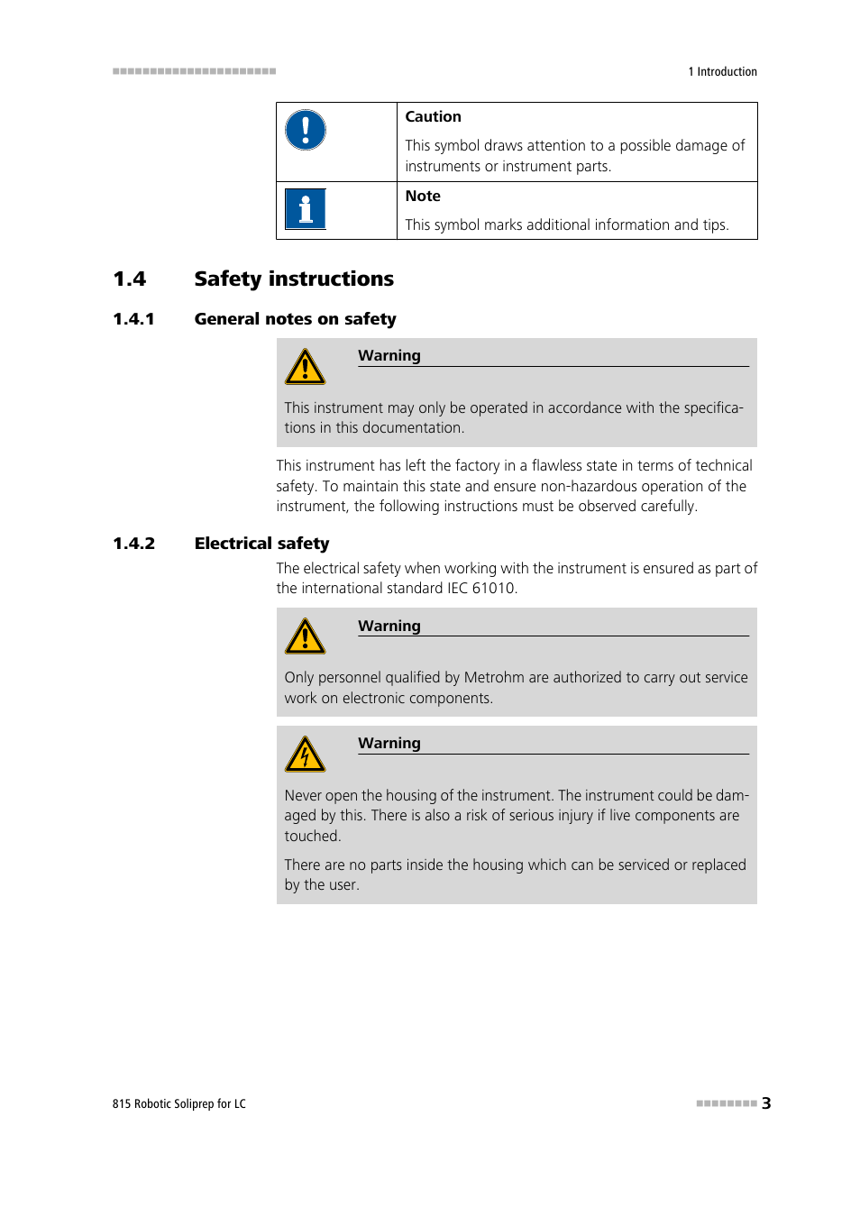4 safety instructions, 1 general notes on safety, 2 electrical safety | Safety instructions, General notes on safety, Electrical safety | Metrohm 815 Robotic Soliprep for LC User Manual | Page 9 / 76