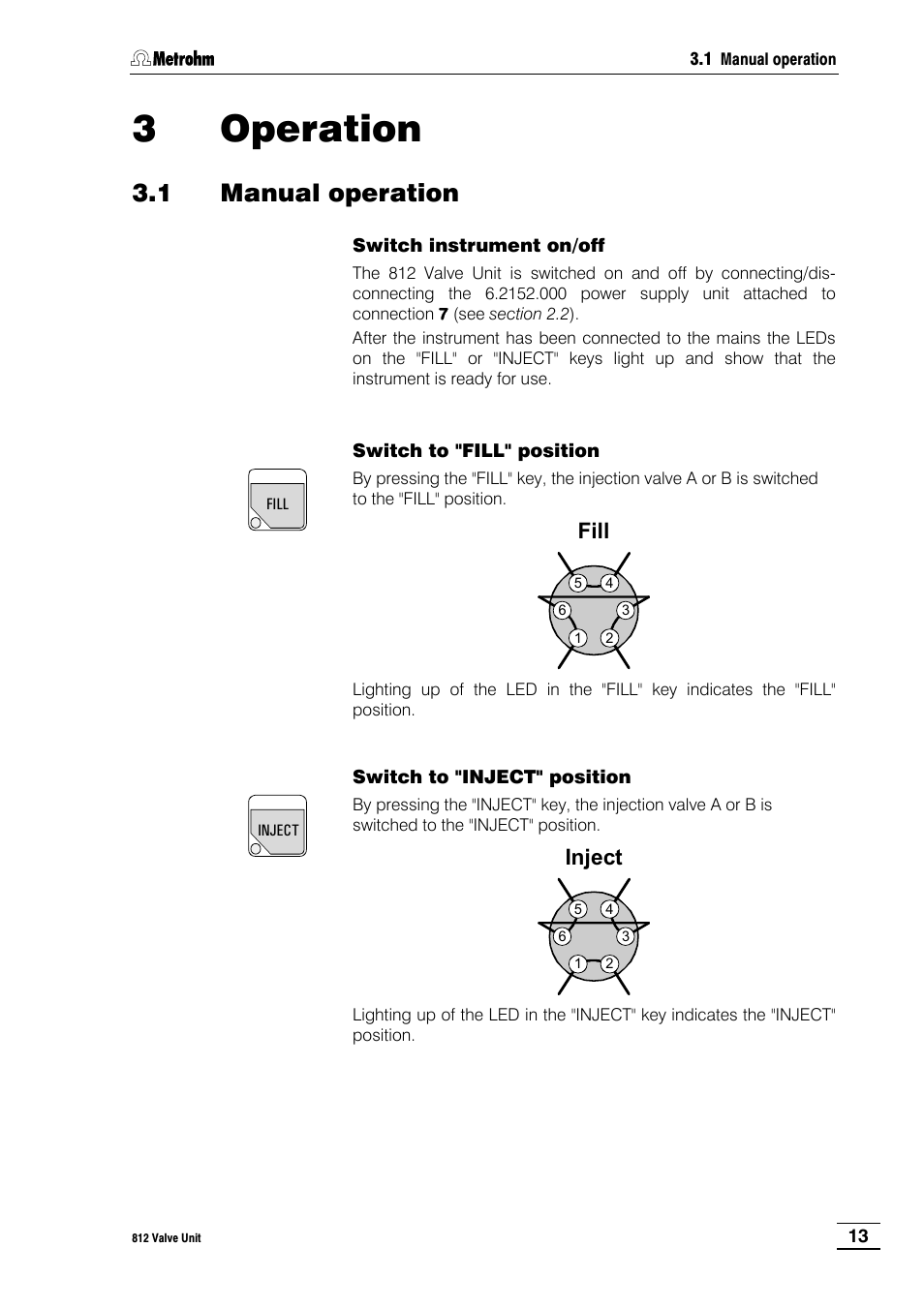 3 operation, 1 manual operation, Fill | Inject | Metrohm 812 Valve Unit User Manual | Page 16 / 27