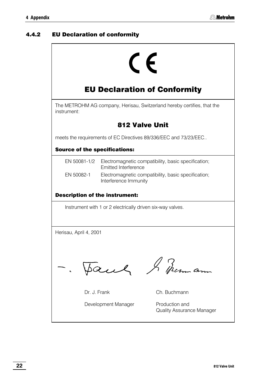 2 eu declaration of conformity, Eu declaration of conformity, 812 valve unit | Metrohm 812 Valve Unit User Manual | Page 25 / 27