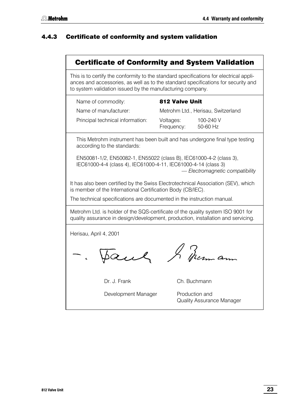 3 certificate of conformity and system validation, Certificate of conformity and system validation | Metrohm 812 Valve Unit User Manual | Page 26 / 27