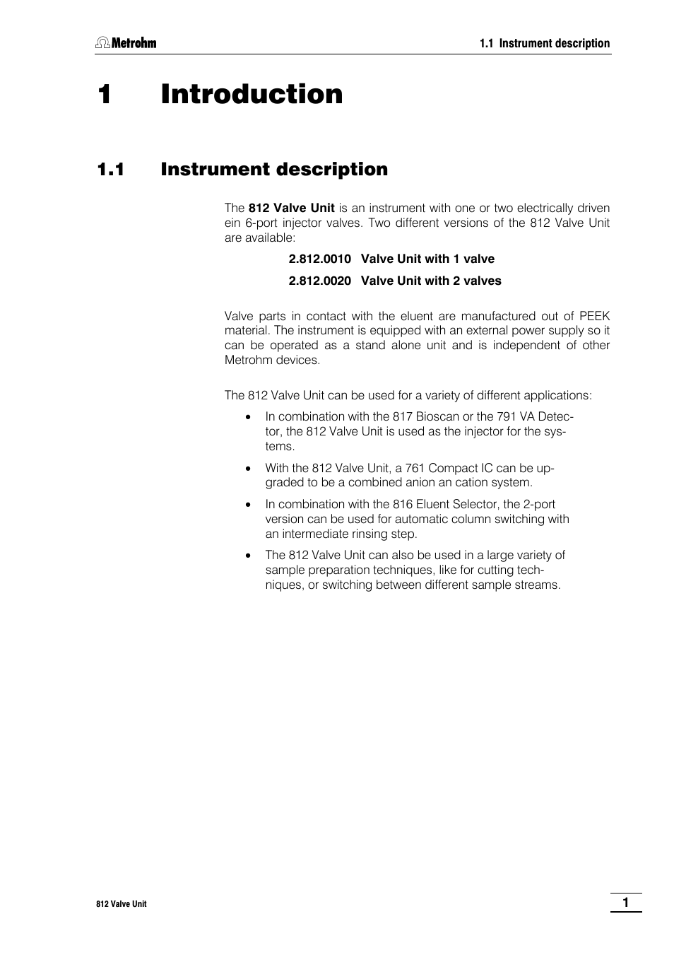 1 introduction, 1 instrument description | Metrohm 812 Valve Unit User Manual | Page 4 / 27