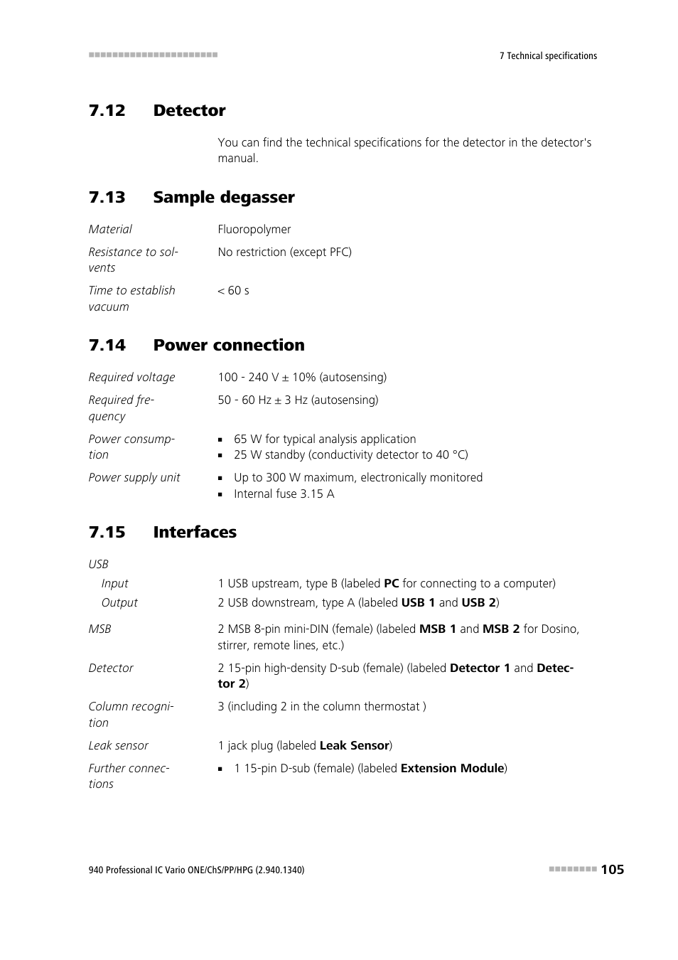 12 detector, 13 sample degasser, 14 power connection | 15 interfaces | Metrohm 940 Professional IC Vario ONE/ChS/PP/HPG User Manual | Page 113 / 120