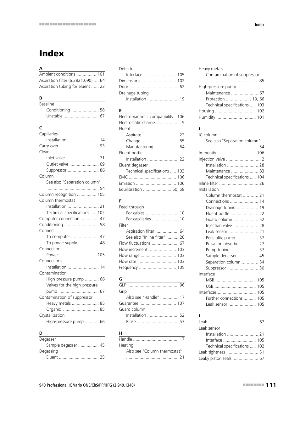 Index | Metrohm 940 Professional IC Vario ONE/ChS/PP/HPG User Manual | Page 119 / 120