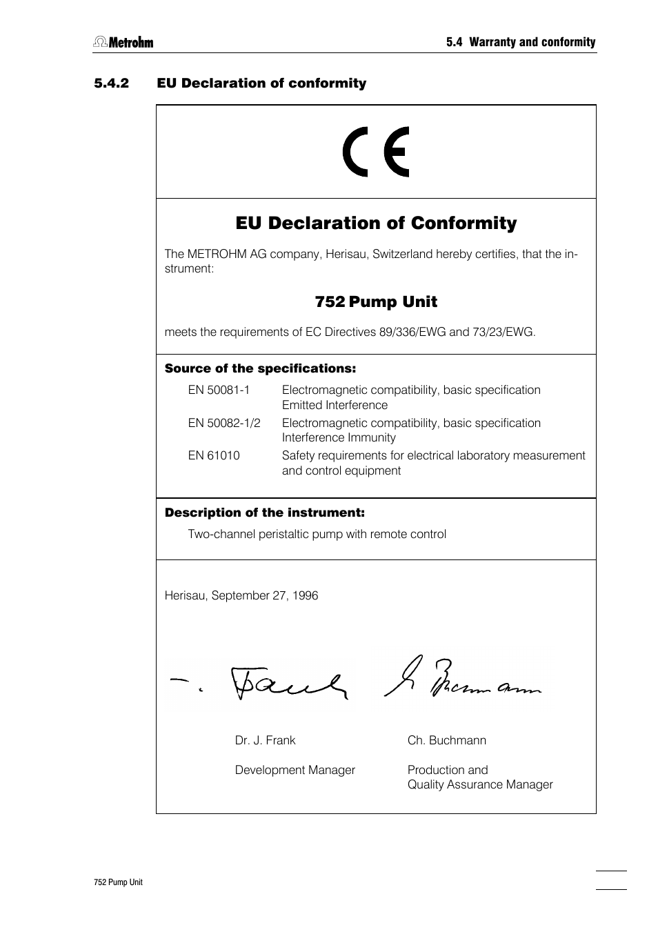 2 eu declaration of conformity, Eu declaration of conformity, Pump unit | Metrohm 752 Pump Unit User Manual | Page 26 / 29