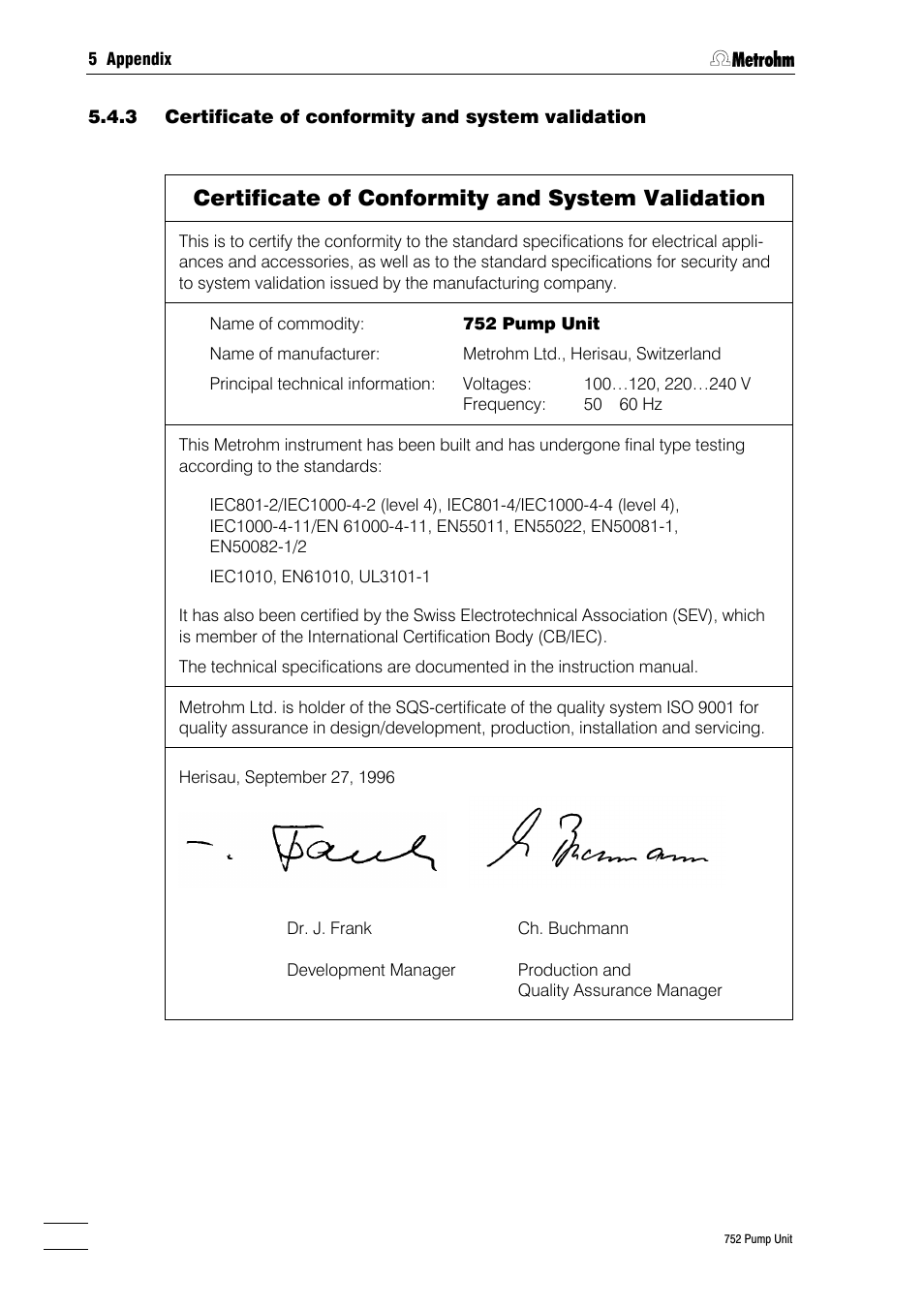 3 certificate of conformity and system validation, Certificate of conformity and system validation | Metrohm 752 Pump Unit User Manual | Page 27 / 29