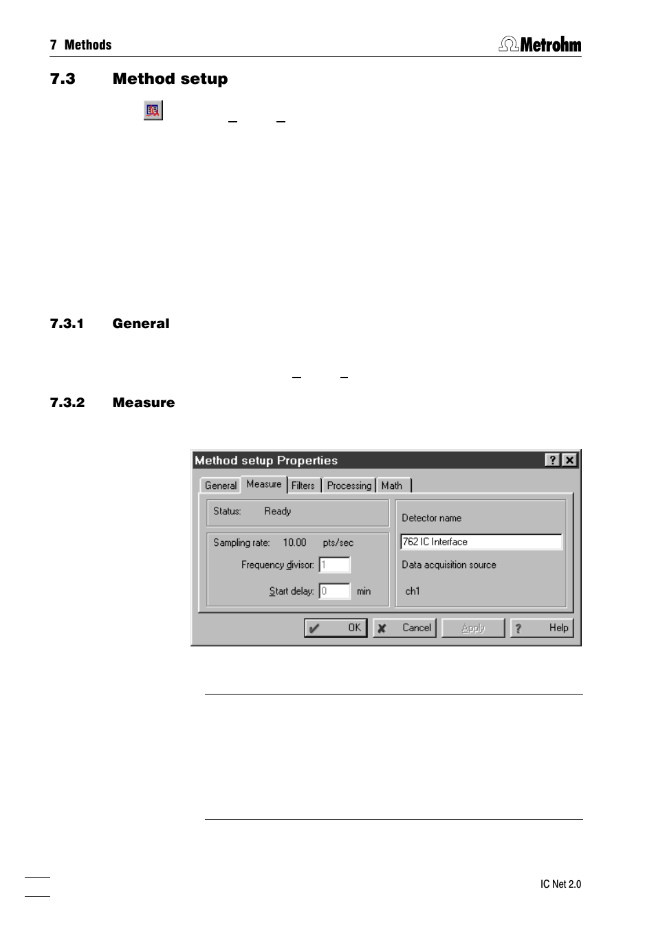 Method setup, General, Measure | Filters, Processing, Math, 3 method setup | Metrohm IC Net 2.0 User Manual | Page 114 / 196