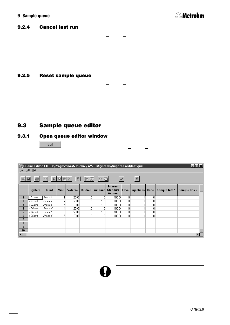 Sample queue editor, Open queue editor window, Sample queue editor functions | Print sample queue, Close sample queue editor, 3 sample queue editor | Metrohm IC Net 2.0 User Manual | Page 174 / 196