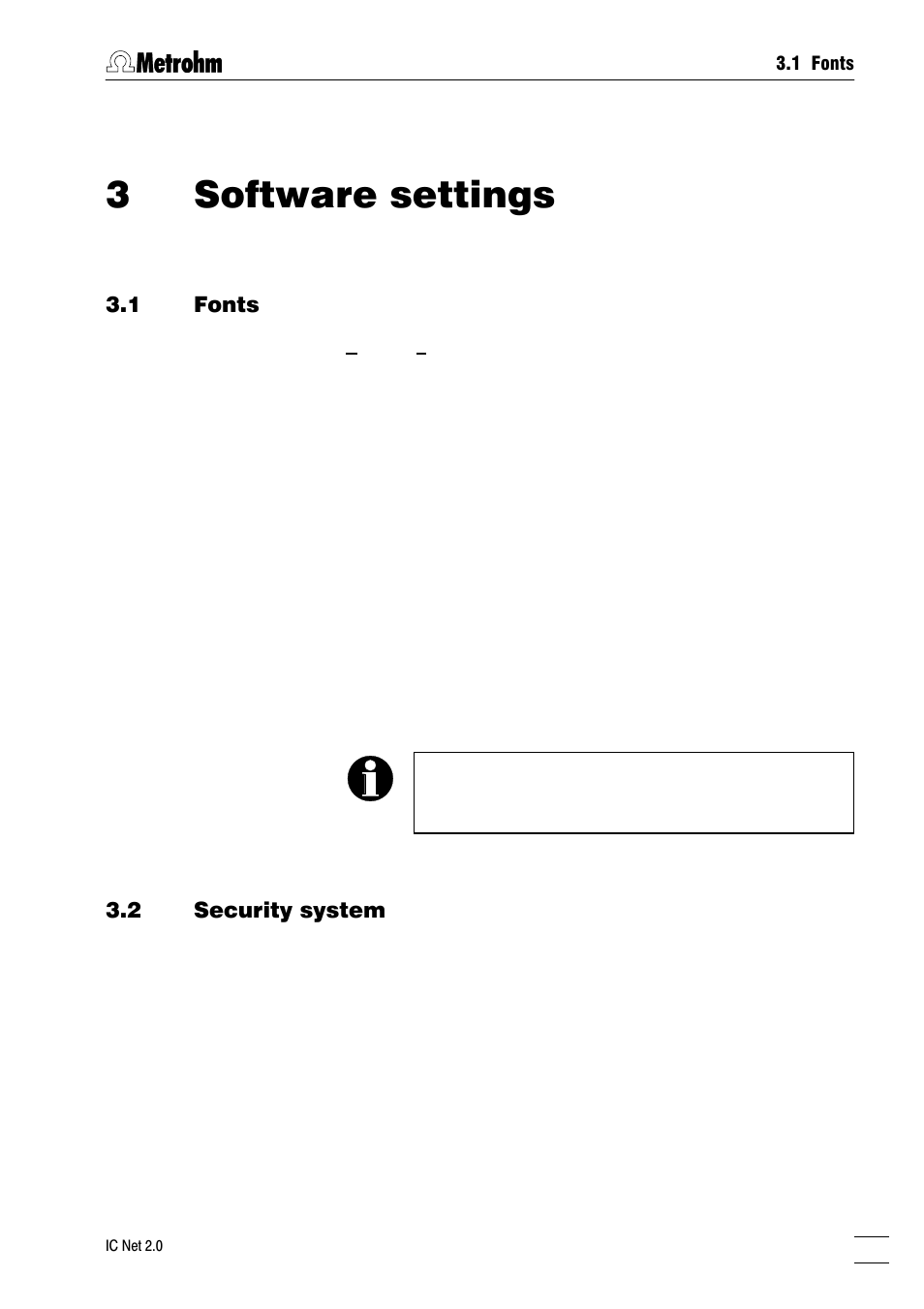 Software settings, Fonts, Security system | Global settings, 3software settings | Metrohm IC Net 2.0 User Manual | Page 21 / 196