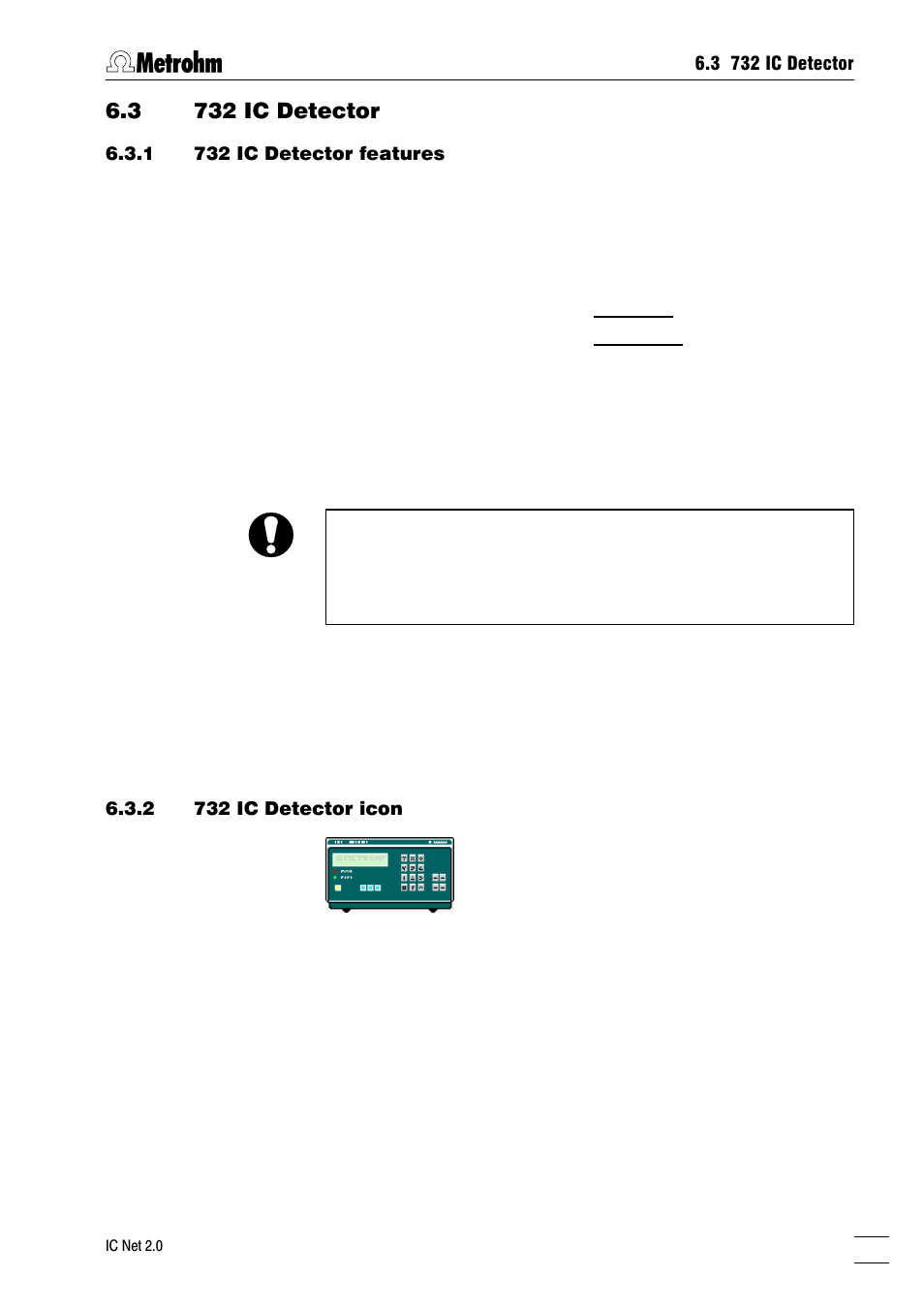 732 ic detector, 732 ic detector features, 732 ic detector icon | 732 ic detector window, 3 732 ic detector | Metrohm IC Net 2.0 User Manual | Page 65 / 196