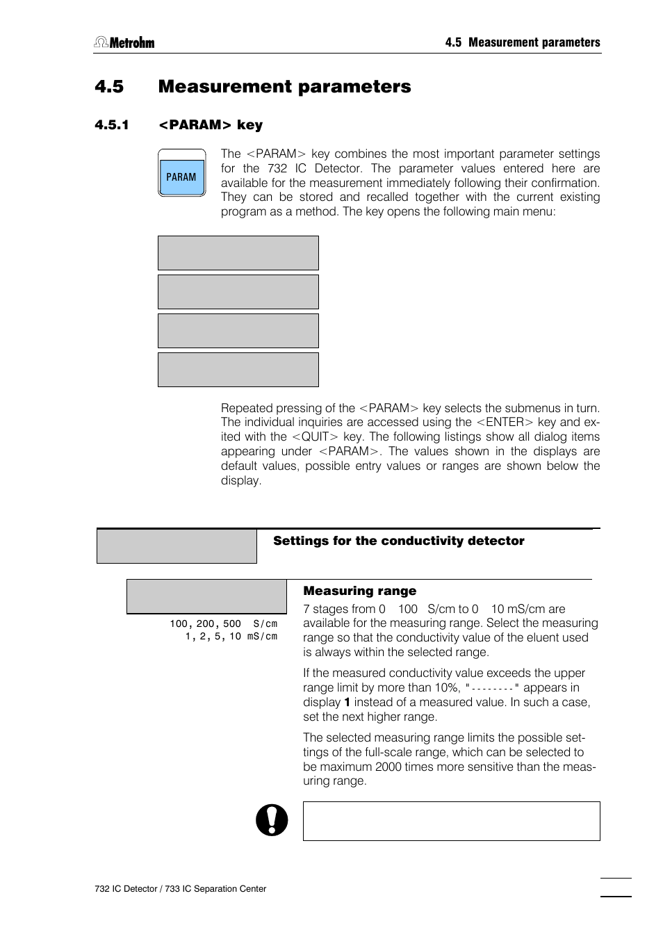 5 measurement parameters, Param> key, Full scale> key | Metrohm 732 IC Detector User Manual | Page 104 / 223