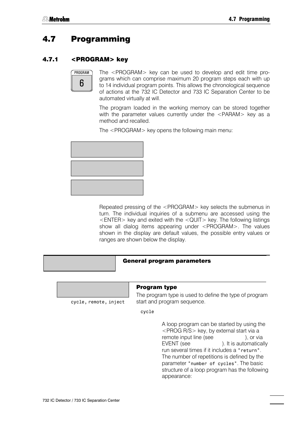 7 programming, Program> key, Prog r/s> key | Event> key, Method> key | Metrohm 732 IC Detector User Manual | Page 114 / 223