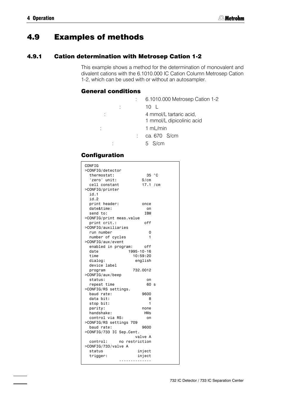 9 examples of methods, Cation determination with metrosep cation 1-2, Anion determination with metrosep anion dual 2 | Metrohm 732 IC Detector User Manual | Page 133 / 223