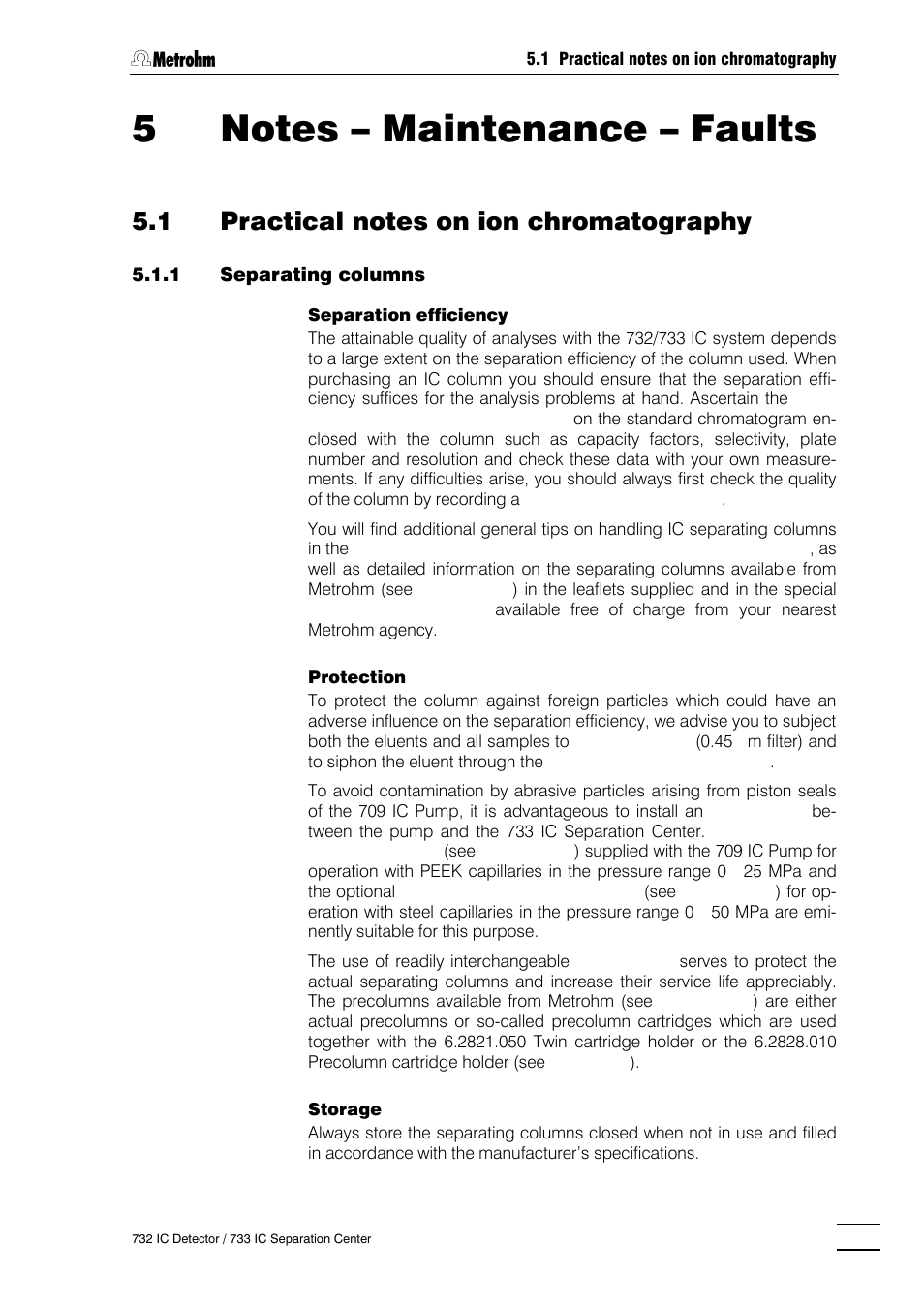 5 notes – maintenance – faults, 1 practical notes on ion chromatography, Separating columns | Pumps, Eluents, Suppressor module, Connections | Metrohm 732 IC Detector User Manual | Page 140 / 223