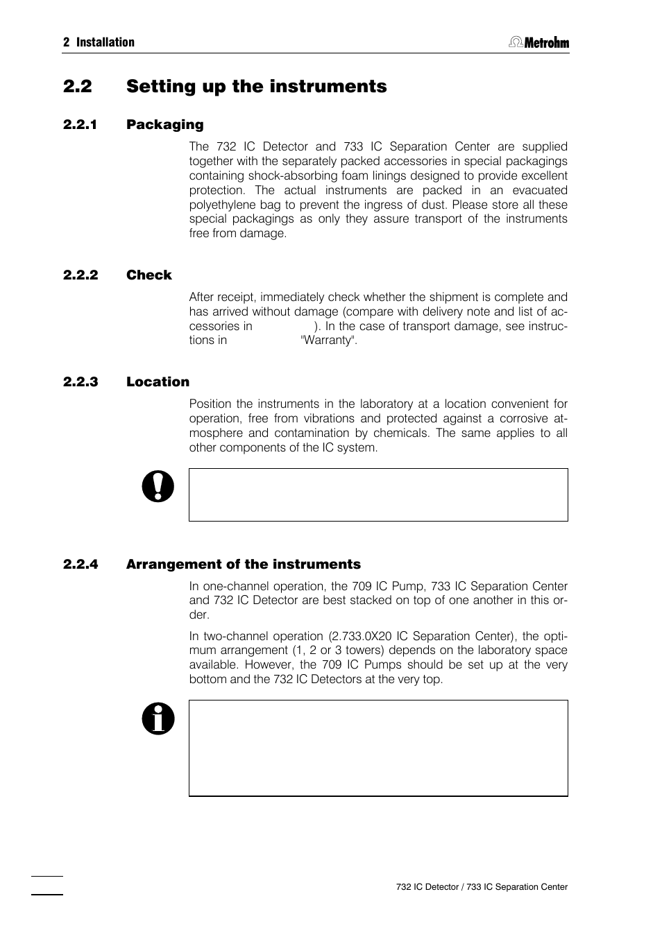 2 setting up the instruments, Packaging, Check | Location, Arrangement of the instruments | Metrohm 732 IC Detector User Manual | Page 19 / 223