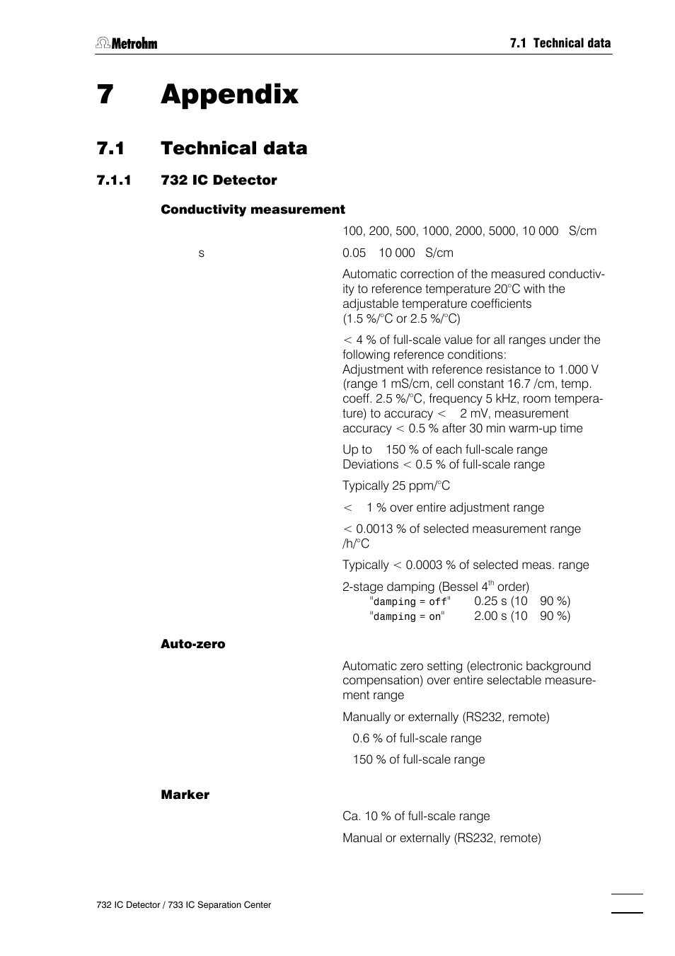 7 appendix, 1 technical data, 732 ic detector | 733 ic separation center, 7appendix | Metrohm 732 IC Detector User Manual | Page 196 / 223