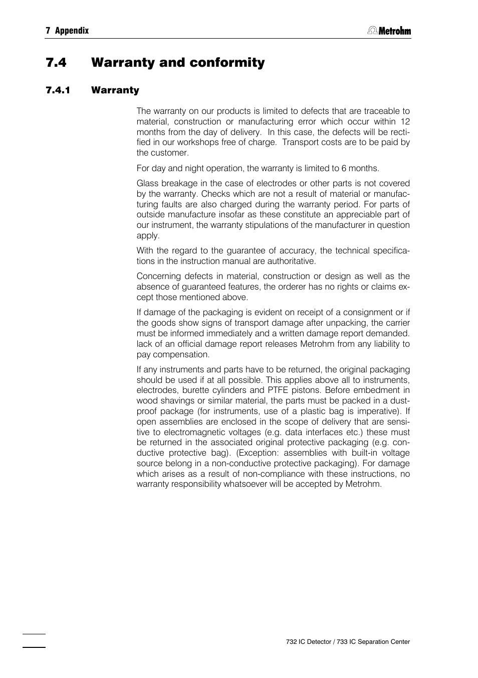 4 warranty and conformity, Warranty, Eu declaration of conformity | Certificate of conformity and system validation | Metrohm 732 IC Detector User Manual | Page 211 / 223