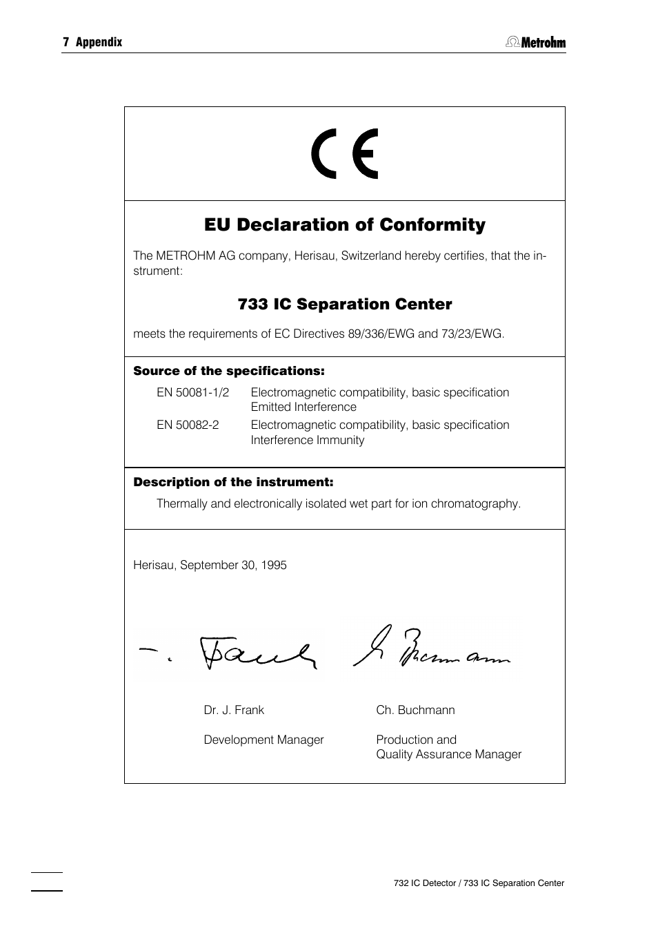 Eu declaration of conformity, 733 ic separation center | Metrohm 732 IC Detector User Manual | Page 213 / 223