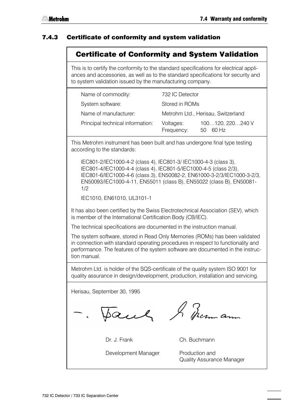 Certificate of conformity and system validation | Metrohm 732 IC Detector User Manual | Page 214 / 223