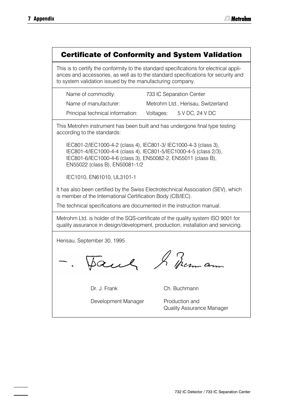 Certificate of conformity and system validation | Metrohm 732 IC Detector User Manual | Page 215 / 223