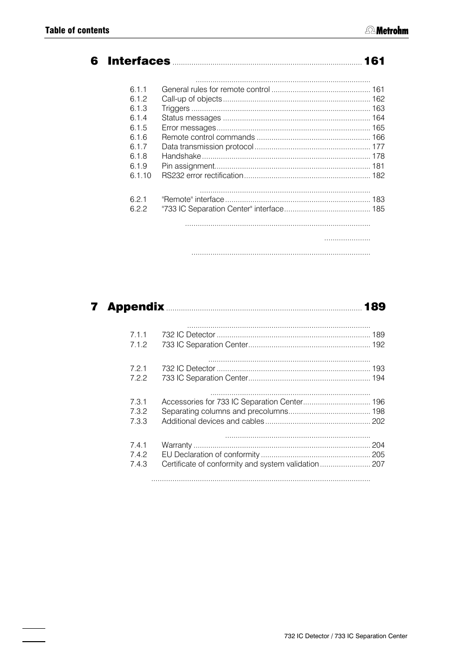 6 interfaces, 7 appendix | Metrohm 732 IC Detector User Manual | Page 5 / 223