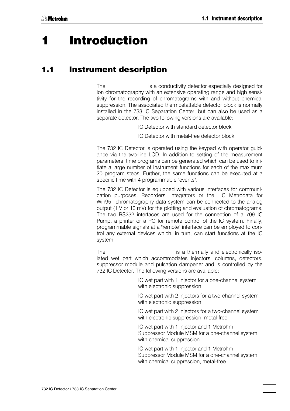 1 introduction, 1 instrument description, 1introduction | Metrohm 732 IC Detector User Manual | Page 8 / 223