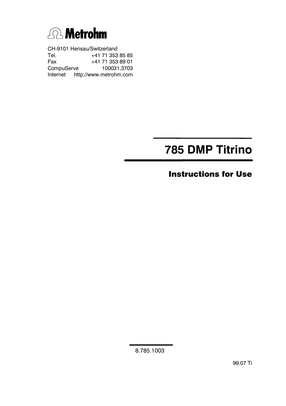 Metrohm 785 DMP Titrino User Manual | 182 pages