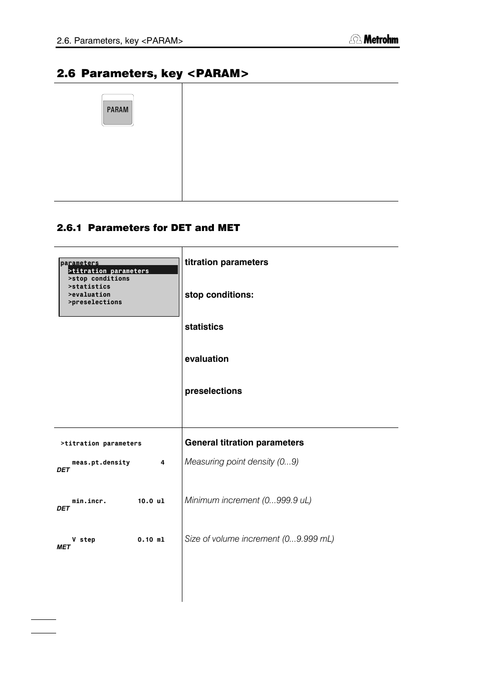 6 parameters, key <param, 1 parameters for det and met | Metrohm 785 DMP Titrino User Manual | Page 17 / 182