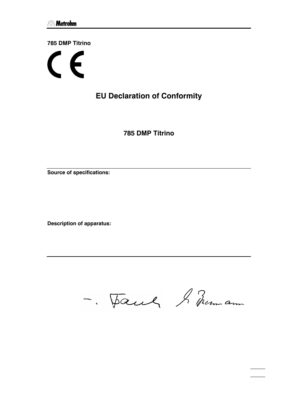 Eu declaration of conformity, 785 dmp titrino | Metrohm 785 DMP Titrino User Manual | Page 174 / 182