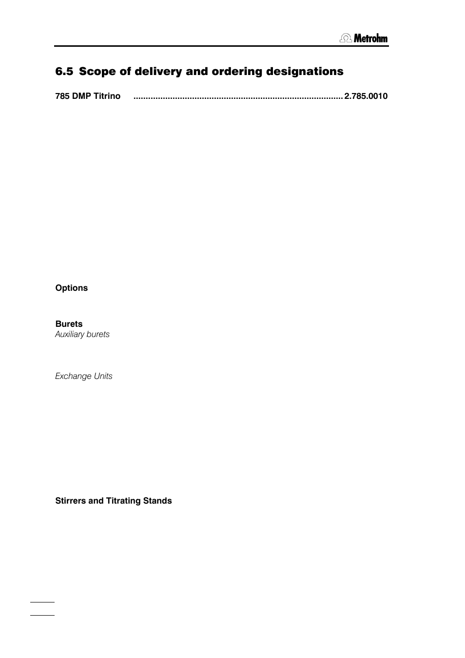 5 scope of delivery and ordering designations | Metrohm 785 DMP Titrino User Manual | Page 175 / 182