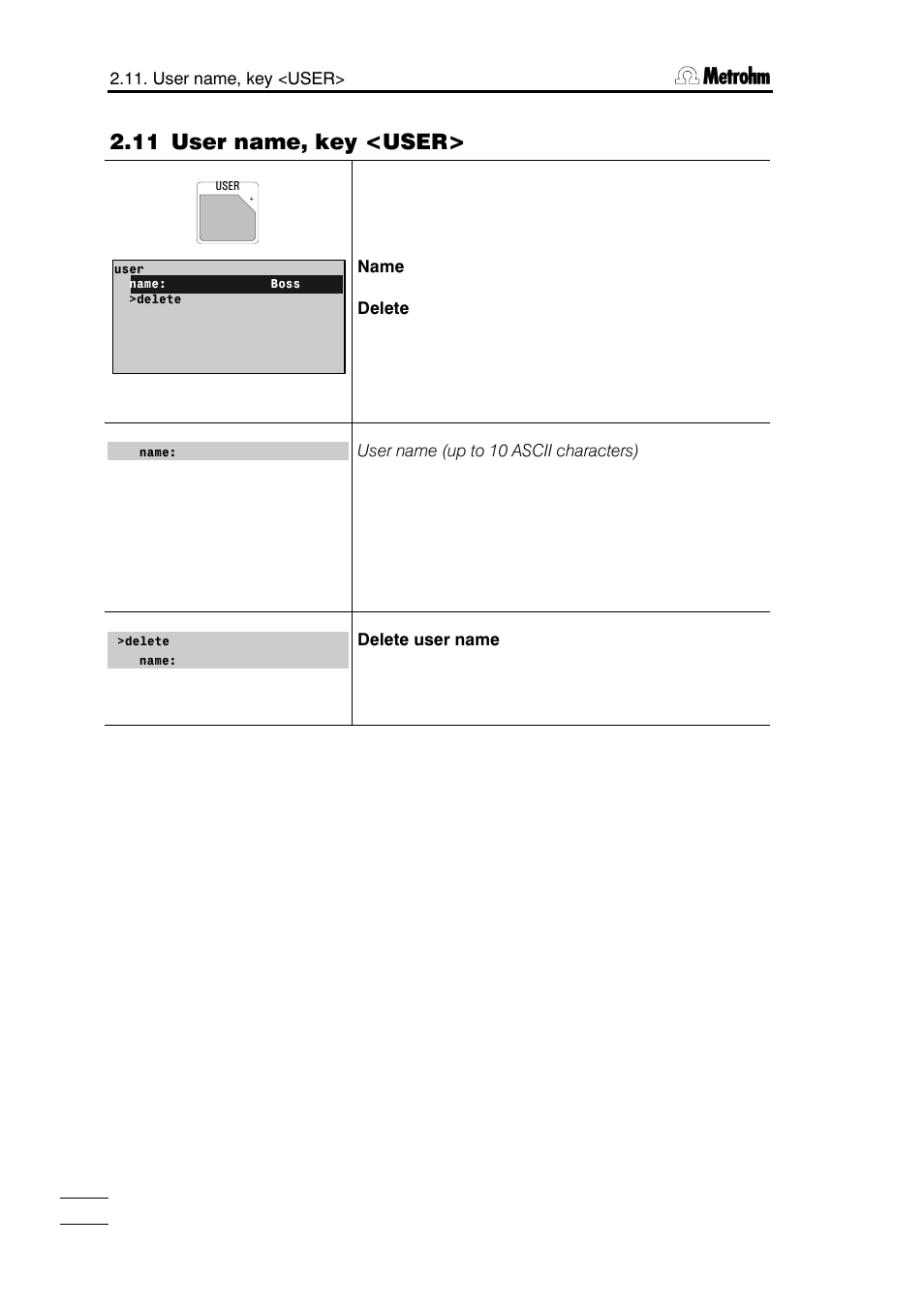 11 user name, key <user | Metrohm 785 DMP Titrino User Manual | Page 51 / 182