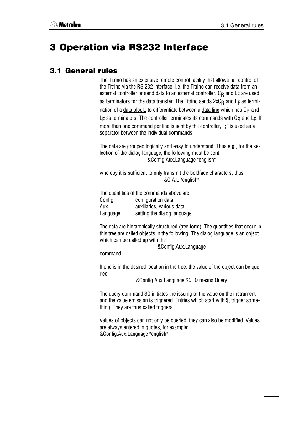 3 operation via rs232 interface (green part), 1 general rules, 2 remote control commands | 3 properties of the rs 232 interface, 3 operation via rs232 interface | Metrohm 785 DMP Titrino User Manual | Page 70 / 182