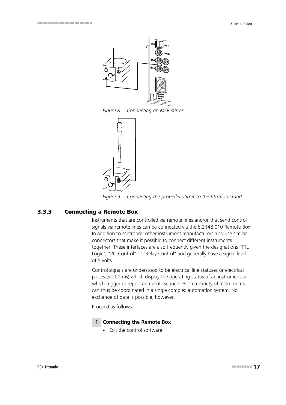 3 connecting a remote box, Connecting a remote box, Figure 8 | Connecting an msb stirrer, Figure 9 | Metrohm 904 Titrando User Manual | Page 25 / 58