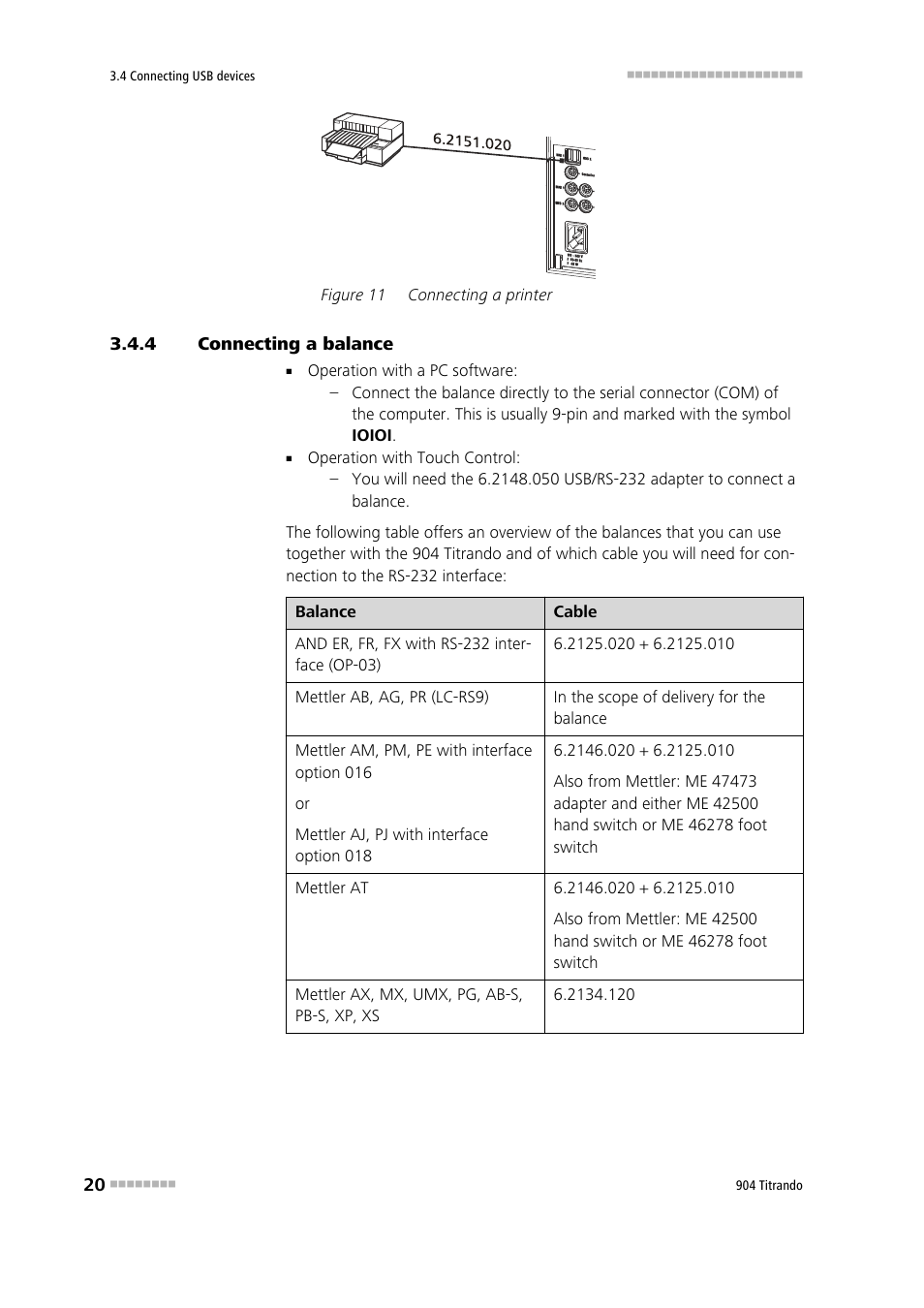 4 connecting a balance, Connecting a balance, Figure 11 | Connecting a printer | Metrohm 904 Titrando User Manual | Page 28 / 58