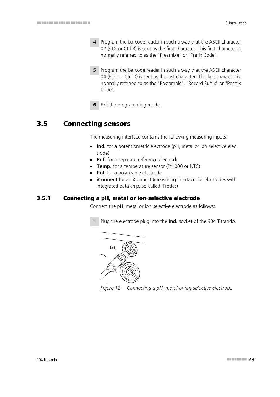 5 connecting sensors, Connecting sensors, Connecting a ph, metal or ion-selective electrode | Figure 12 | Metrohm 904 Titrando User Manual | Page 31 / 58