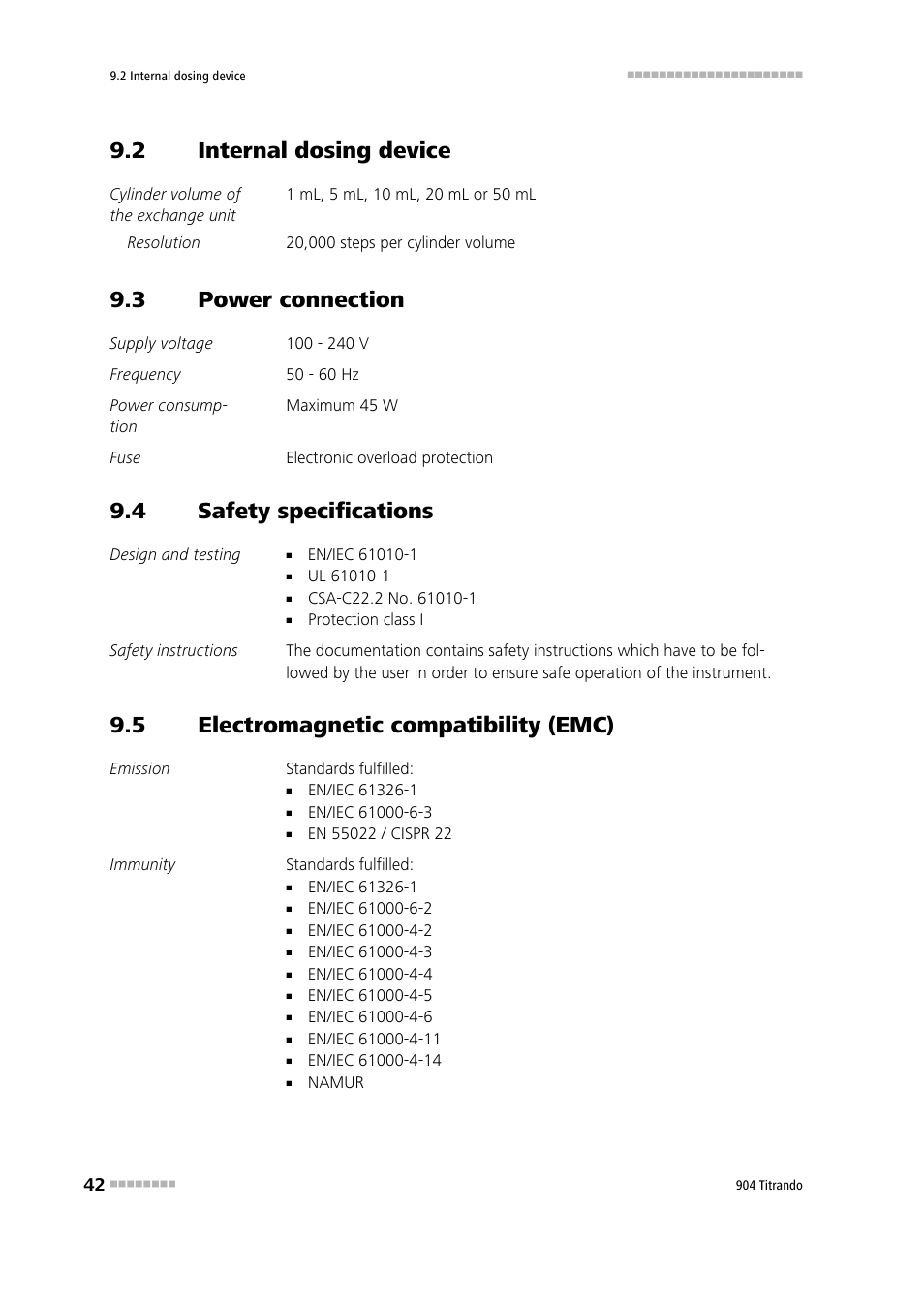 2 internal dosing device, 3 power connection, 4 safety specifications | 5 electromagnetic compatibility (emc), Internal dosing device, Power connection, Safety specifications, Electromagnetic compatibility (emc) | Metrohm 904 Titrando User Manual | Page 50 / 58